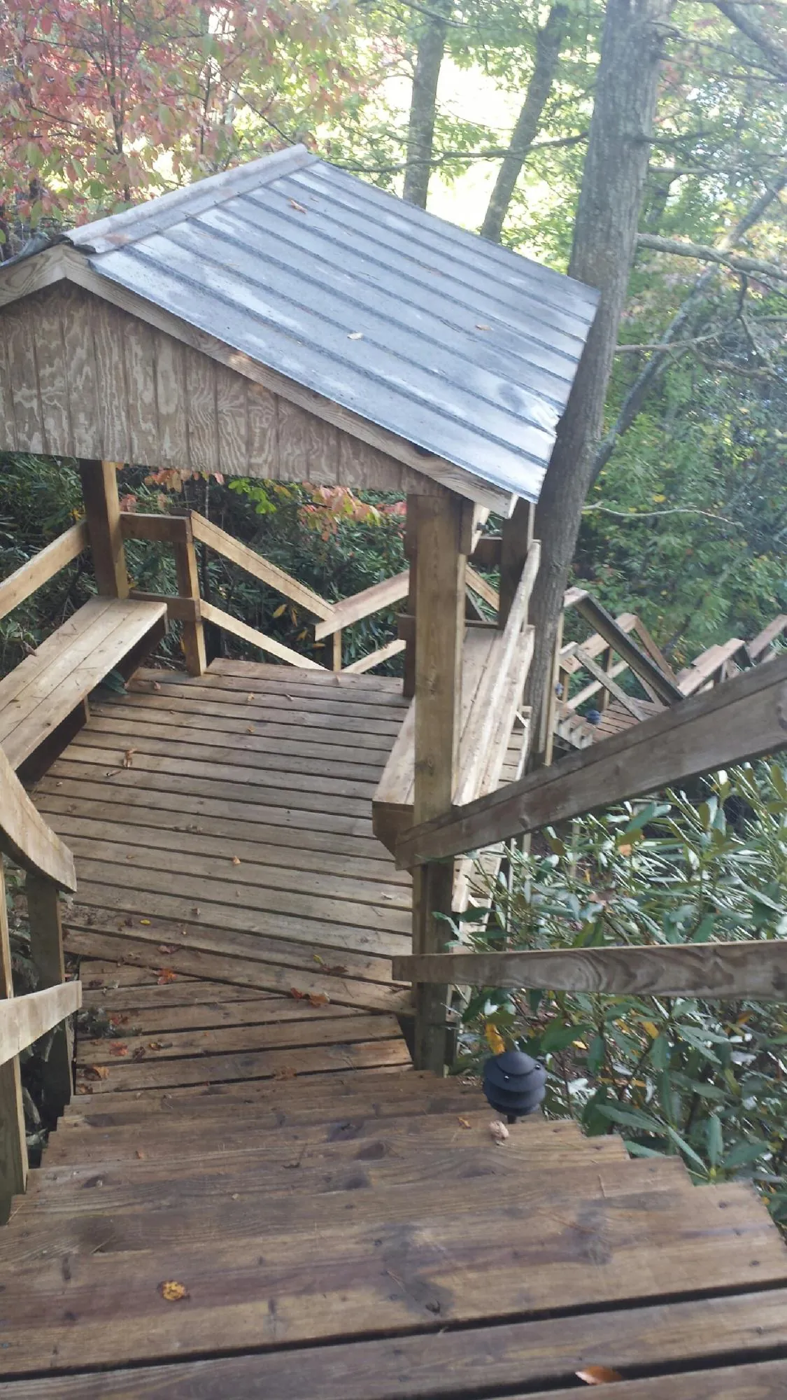 Metal roofed shelter over wooden steps on a wooded walkway — Skylight Repair & Installation work by our crew in Widen